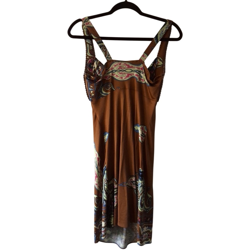 Sky Brand Women M 100% Silk Mini Dress Leather Accent Paisley Coastal cowboy Y2K - Picture 2 of 7